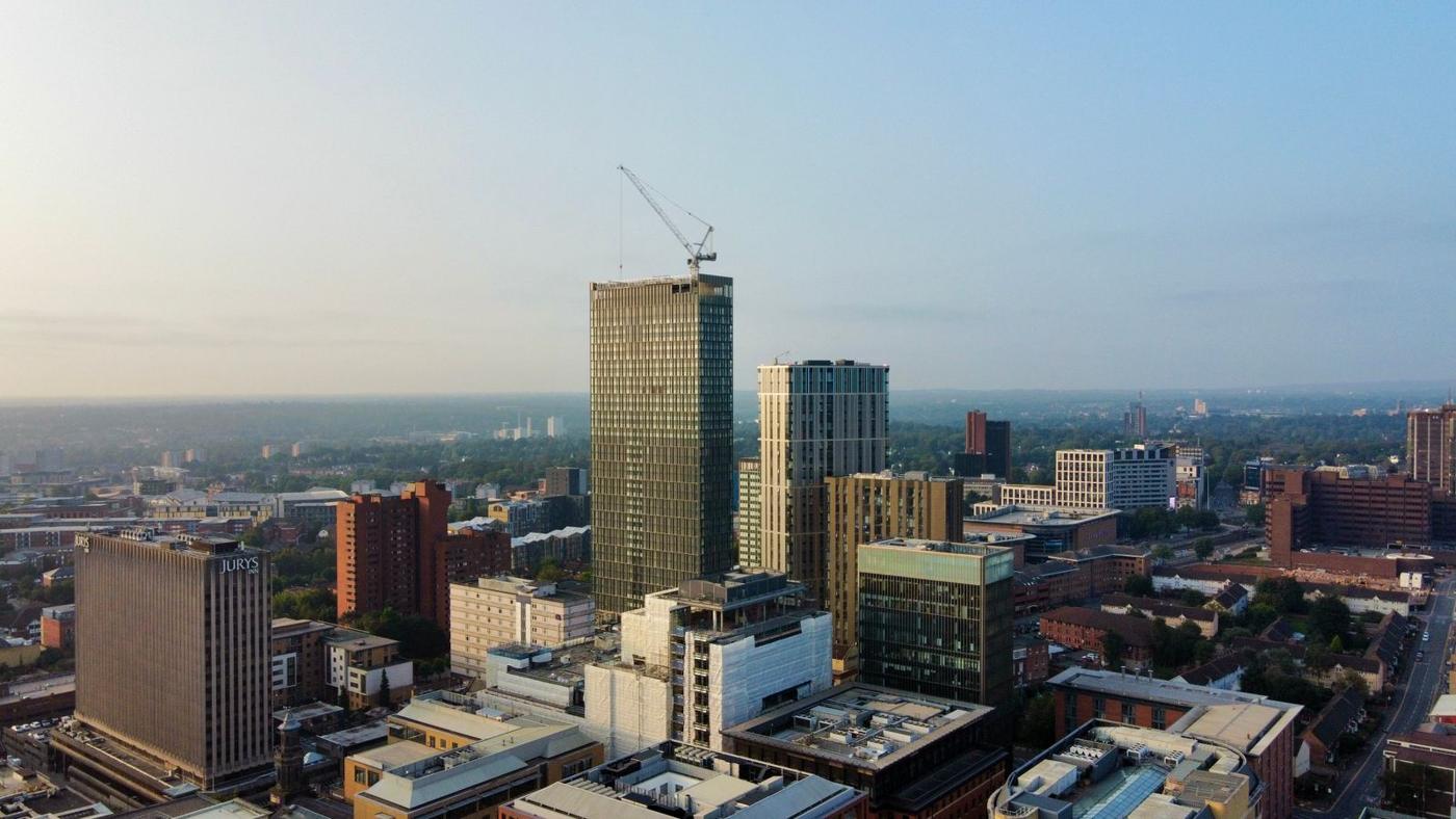Aerial view of Birmingham city centre and its tower blocks
