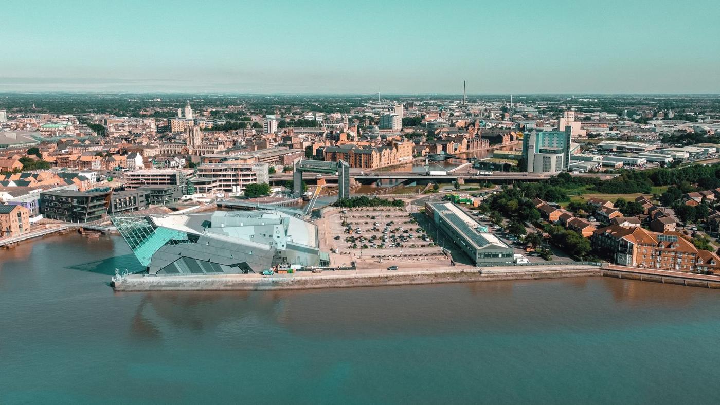 Aerial view of the Hull waterfront and city centre
